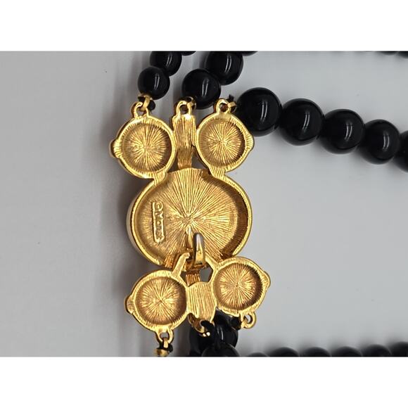 Vintage Monet Triple Strand Cascade Black Beaded Necklace Gold Tone Hook Clasp - Picture 3 of 5